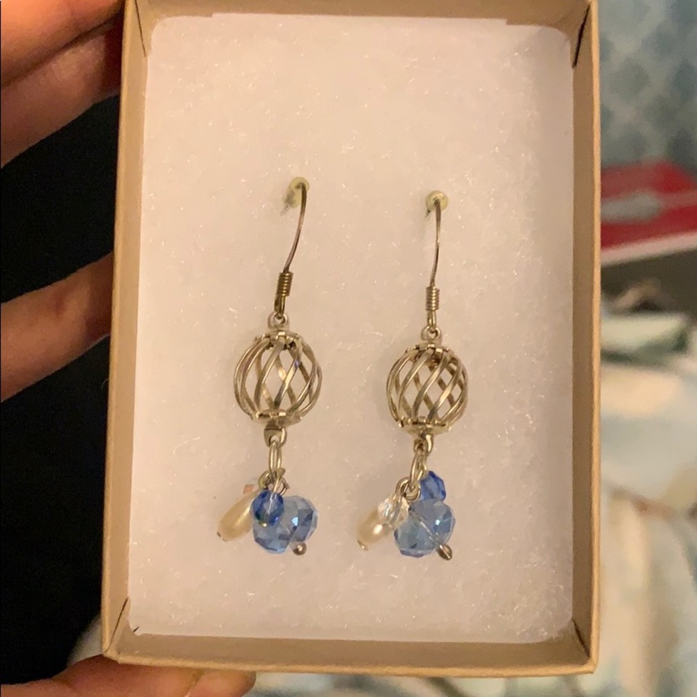 Cute silver, pearl, blue rhinestone earrings!